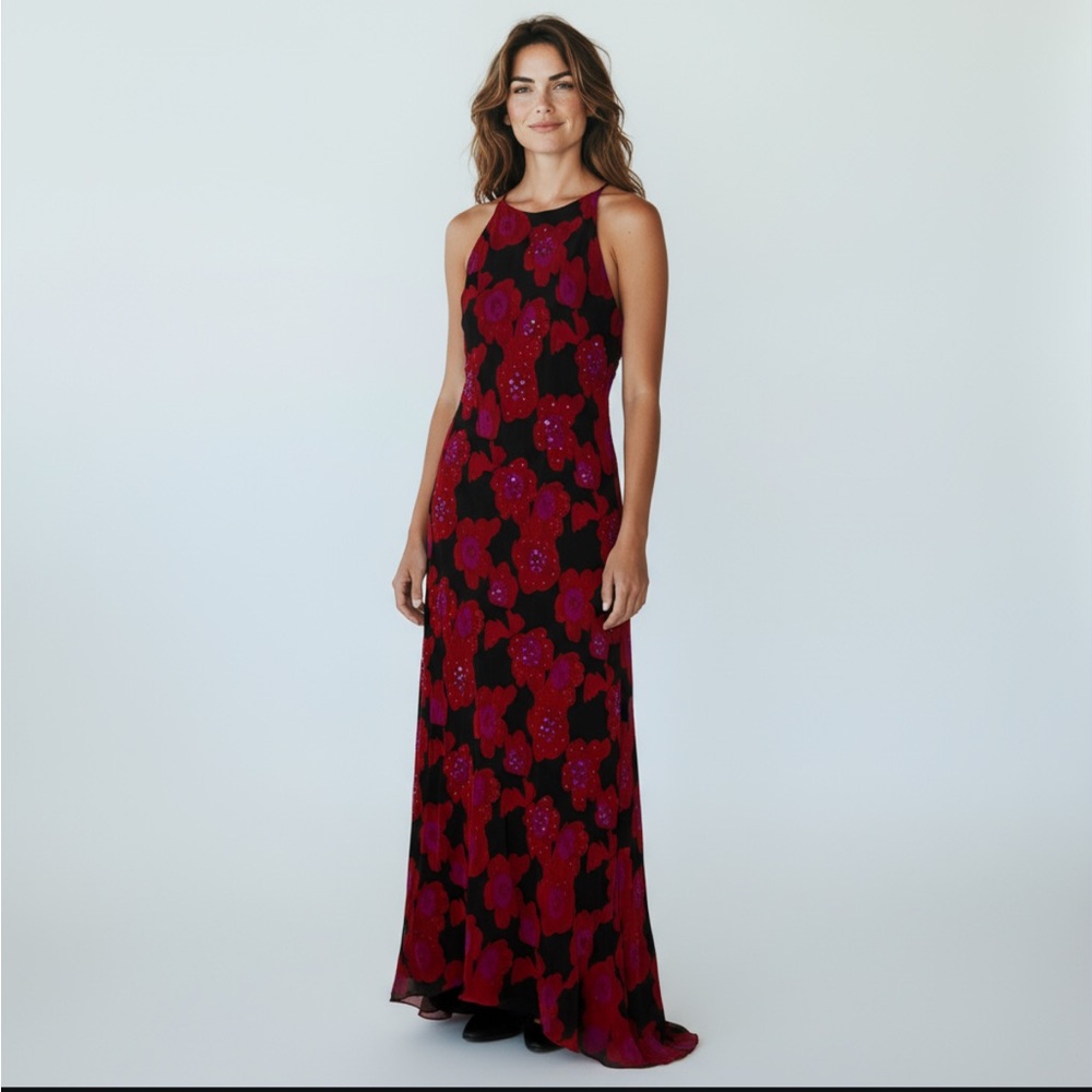 Vintage‎ Silk Beaded Floral Maxi Dress Chelsea Nites Size Large (14)